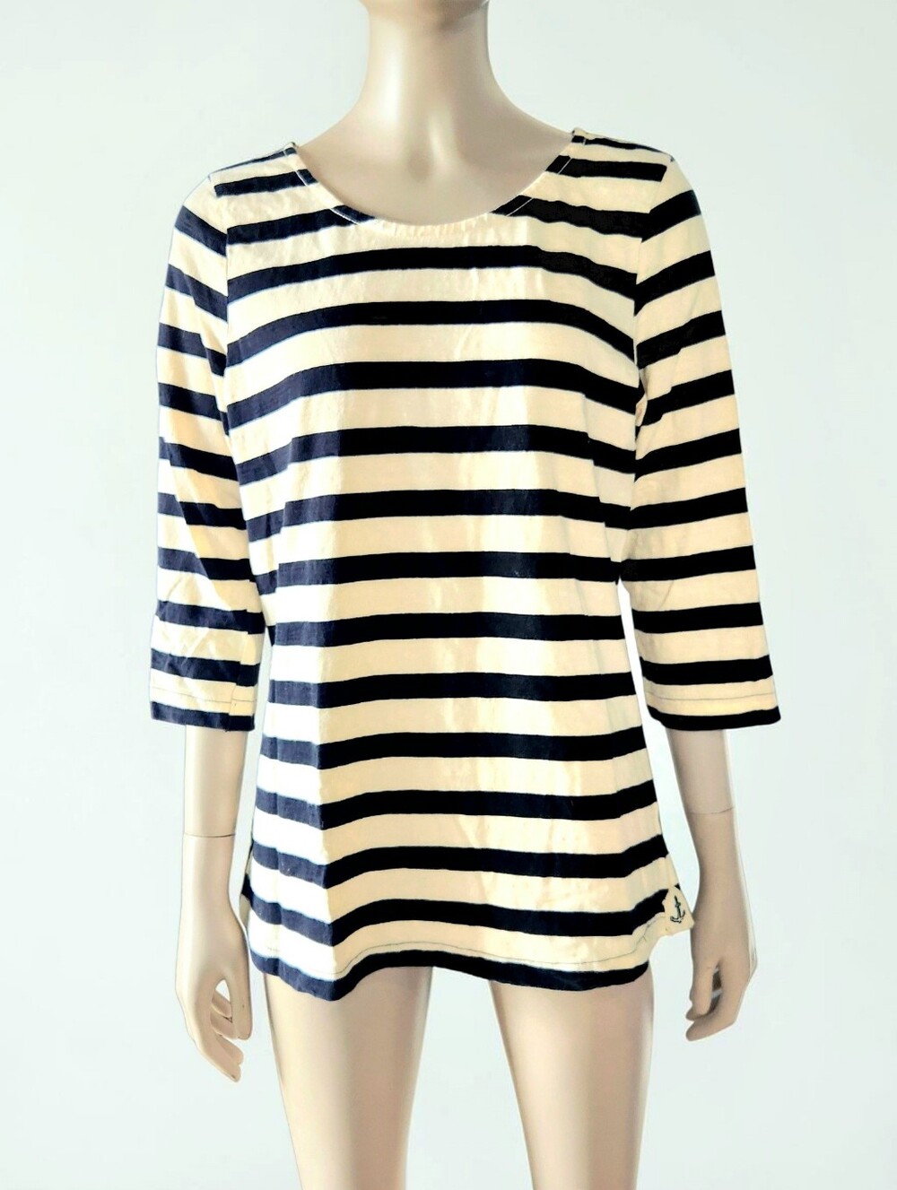 Hatley Cotton Nautical Stripe Zip Back Top M Black Ivory 3/4 Sleeve Scoop Neck
